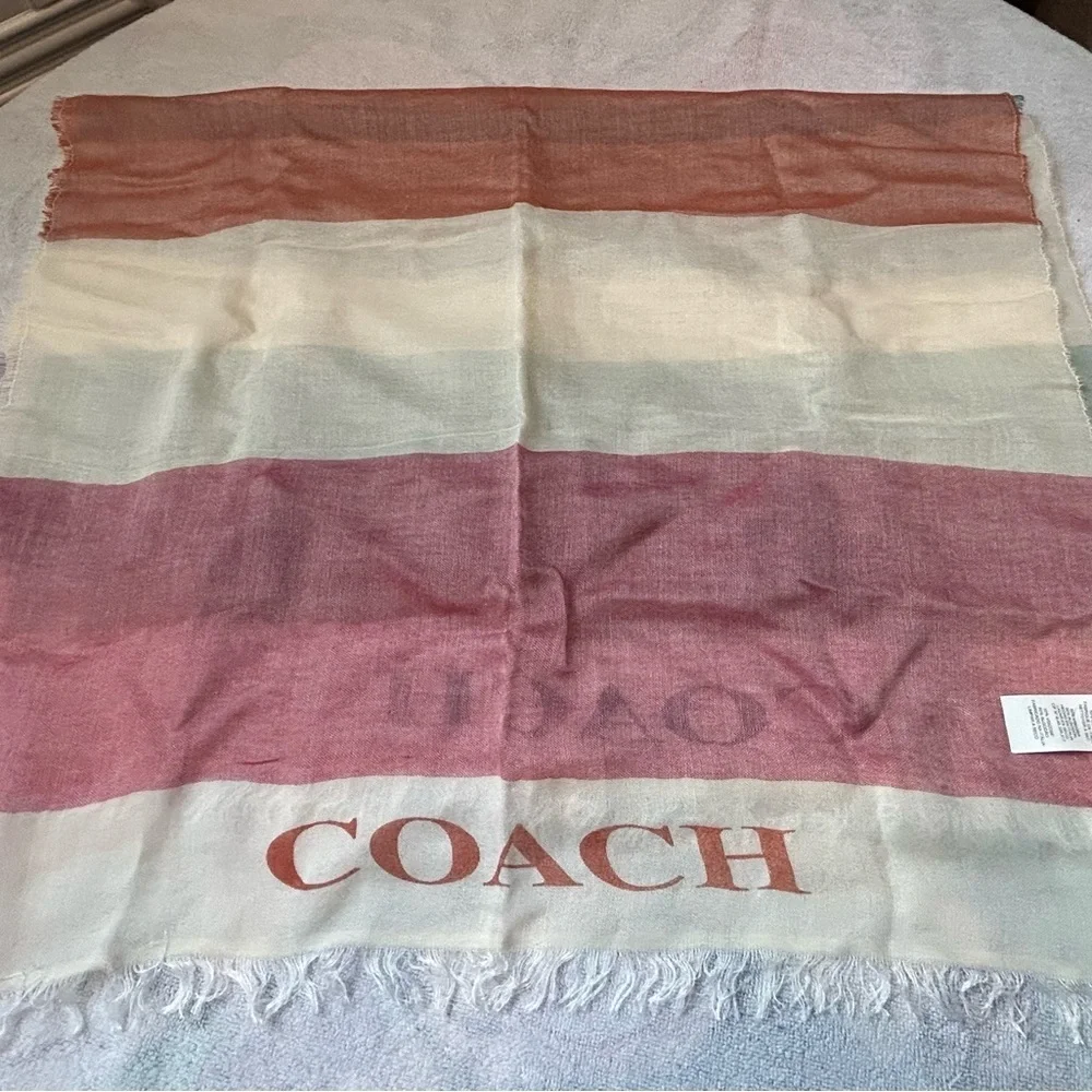 Coach Striped Scarf in Purple, Cream, green, and Red